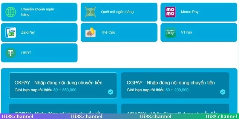 Điểm qua các kênh nạp tiền Hi88 hiện đại