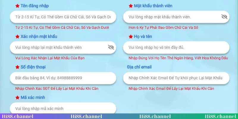 Nhập dữ liệu vào biểu mẫu đăng ký Hi88