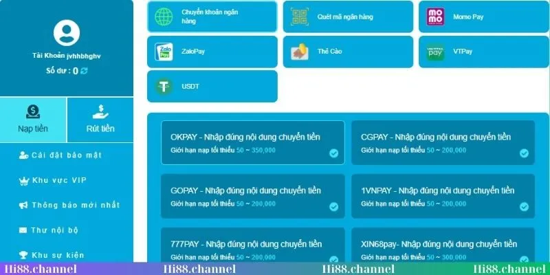 Nạp tiền dễ dàng với Hi88
